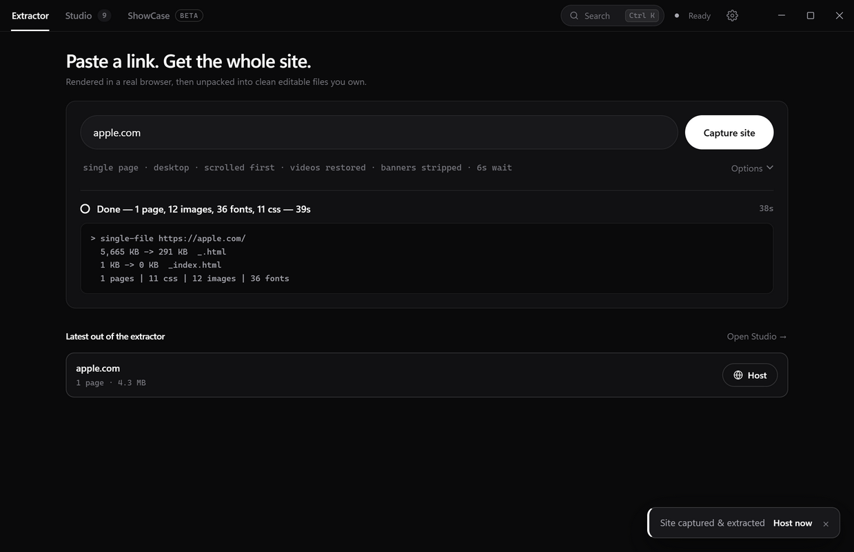 The Local Dev Studio window on its Extractor tab. The heading reads 'Paste a link. Get the whole site.' apple.com is typed into the capture field next to a white Capture site button, and the finished run log reads: Done, 1 page, 12 images, 36 fonts, 11 css, 39 seconds.