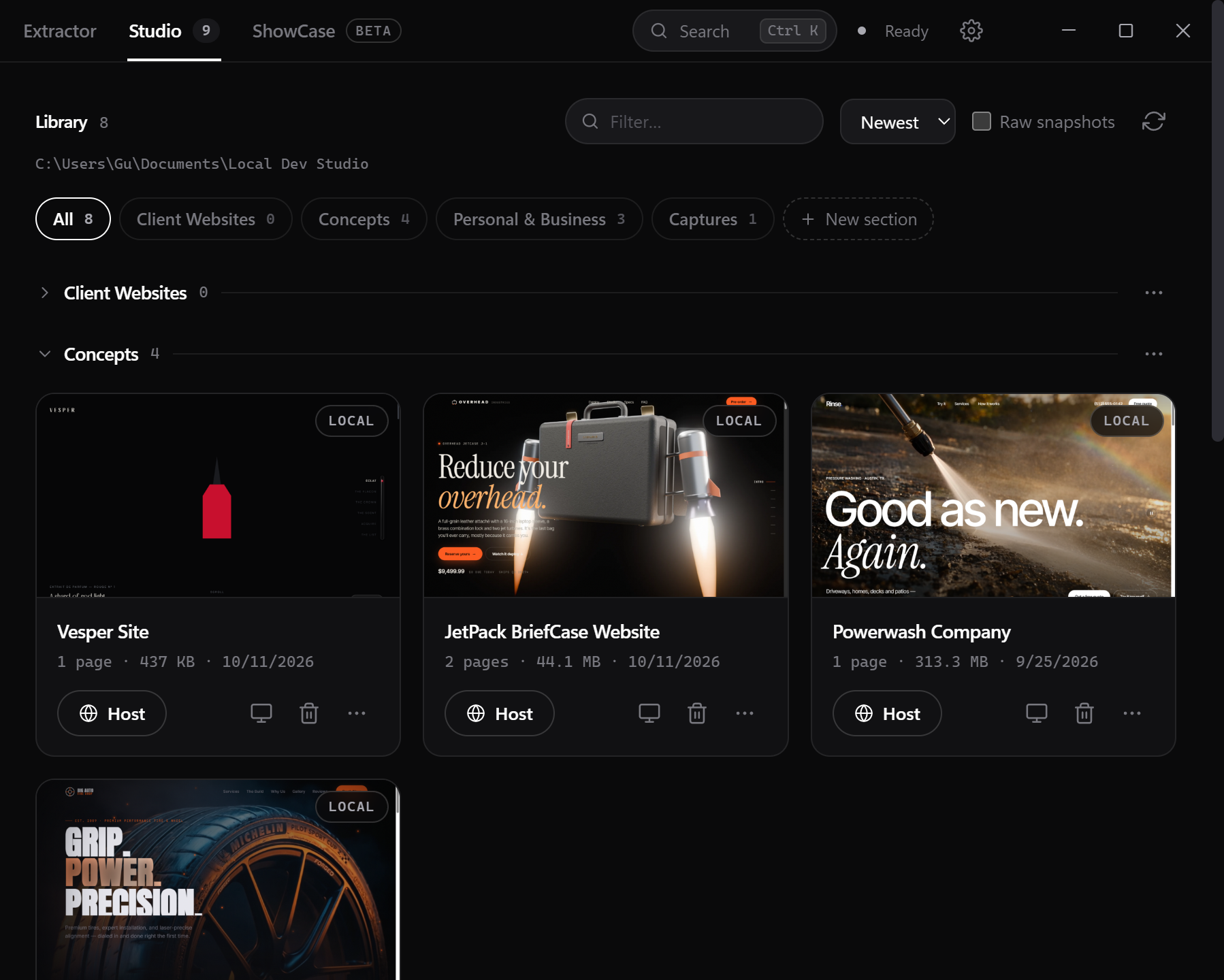 The Studio tab: a library of eight sites filed into sections (Client Websites, Concepts, Personal & Business, Captures). The Concepts row shows Vesper Site, JetPack BriefCase Website and Powerwash Company as live thumbnails, each with its page count, size, date and a Host button.