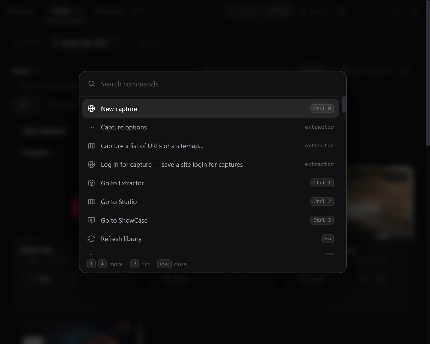 The command palette open over the Studio: New capture, Capture options, Capture a list of URLs or a sitemap, Log in for capture, Go to Extractor, Go to Studio, Go to ShowCase and Refresh library, each with its shortcut.