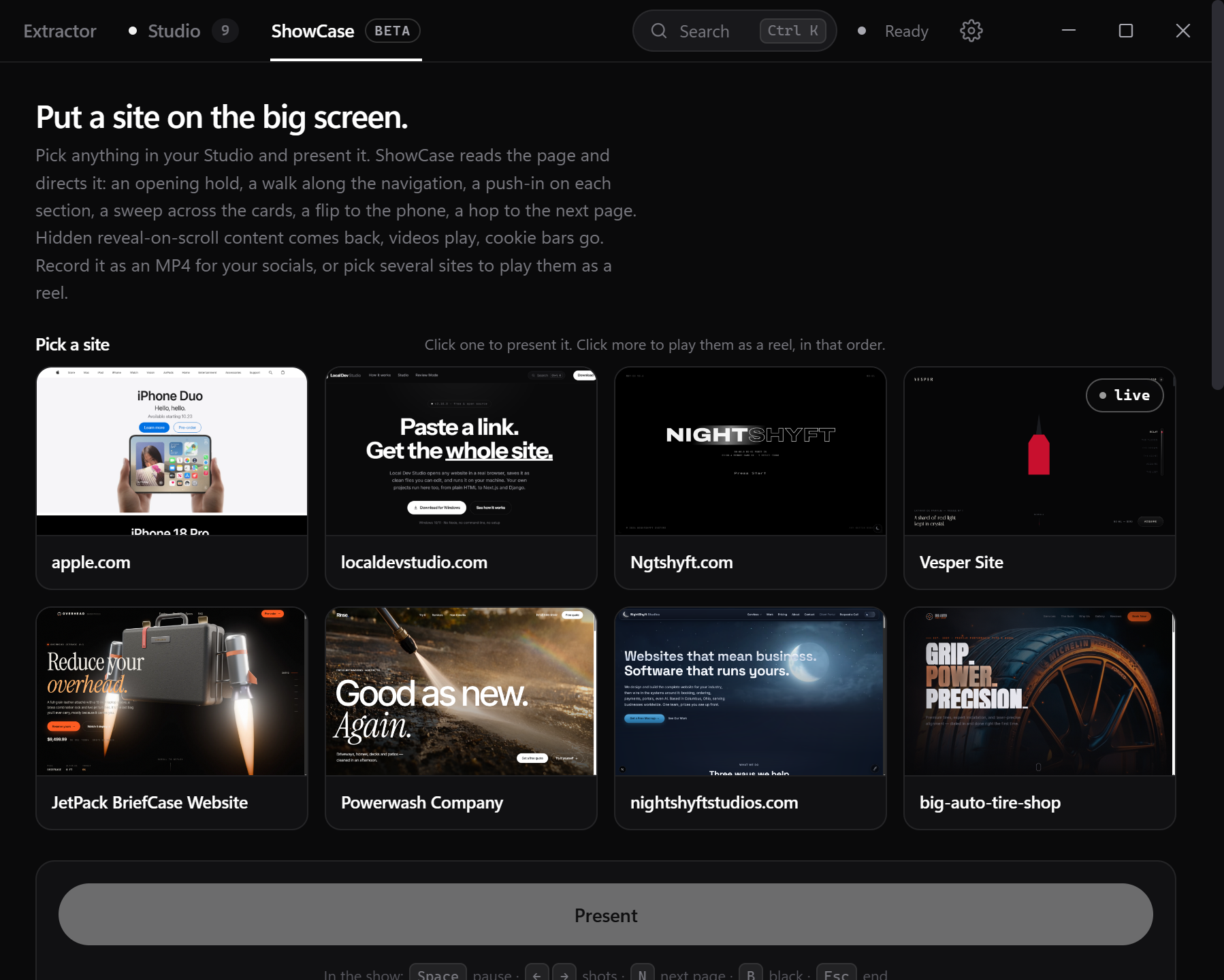 The ShowCase tab, marked Beta, headed 'Put a site on the big screen.' Below it, a grid of sites to present: apple.com, localdevstudio.com, Ngtshyft.com, Vesper Site and four more, above a Present button.